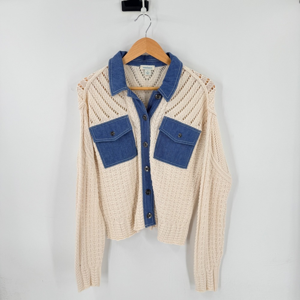 Sundance Mixed Media Open Knit Button Front Denim Trim Cardigan Size S Small - Picture 7 of 7
